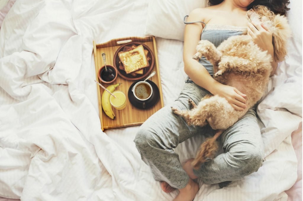 es importante desayunar mujer con perro en cama desayuno no tender la cama limpiar tu habitación